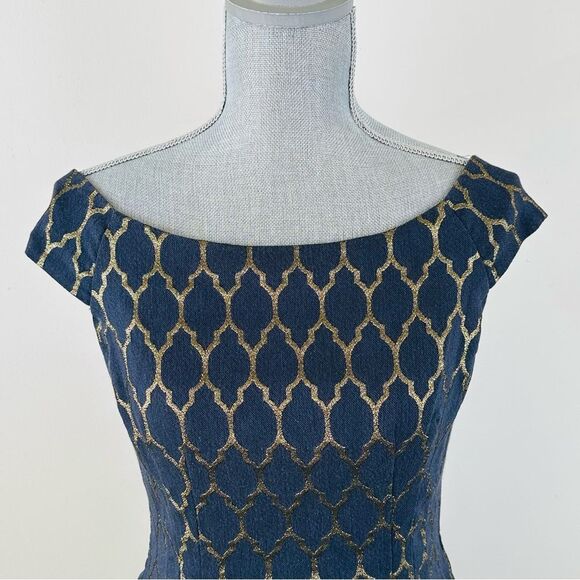 Vince Camuto SZ 6 Navy Gold Metallic Dress Stretch Fit/Flare Party Holiday - Picture 5 of 9